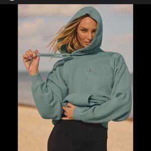 Alo Teal Hoodie and Black Shorts Set